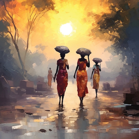 African Women Walking From Market African Inspired Afrocentric Prints Vibrant Colors Black Themed Art Colorful Home Wall Decor