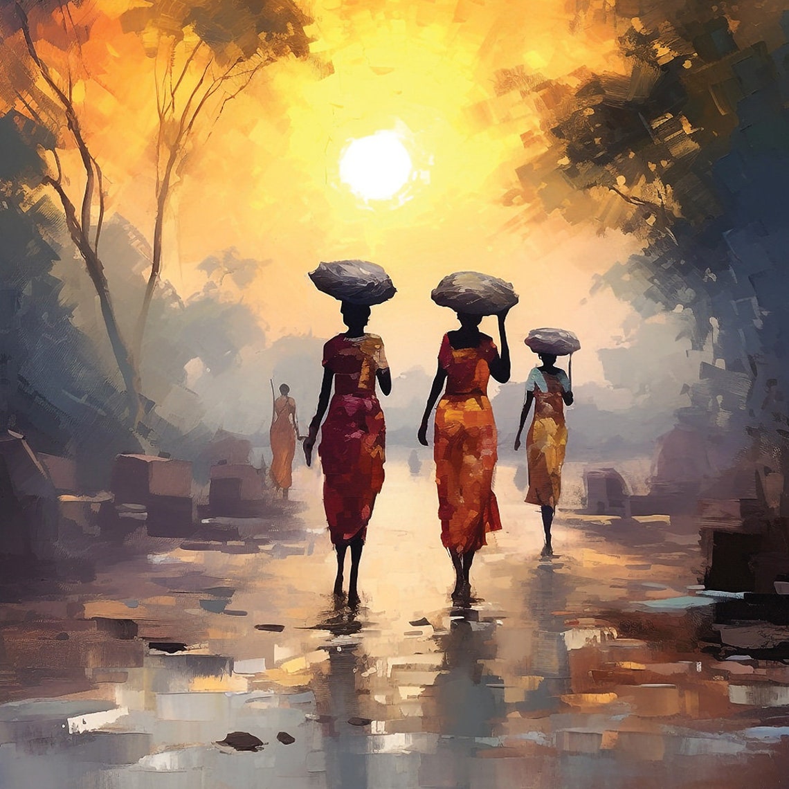 African Women Carrying Baskets Walking In Misty Sunset Art Poster