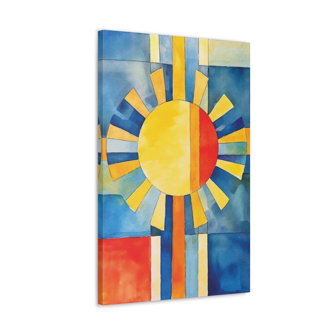 Geometric Yellow Sun Rising On Blue Red Art Deco Style Poster - Image 3