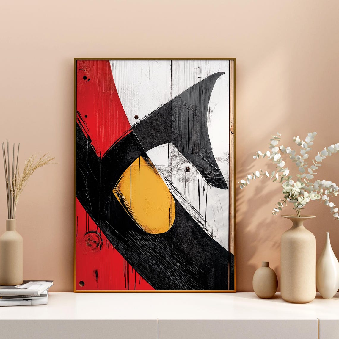 Bold Abstract Red Black Wood Art Geometric Print Modern Wall Decor Minimalist Print On Wrapped Cotton - Image 3