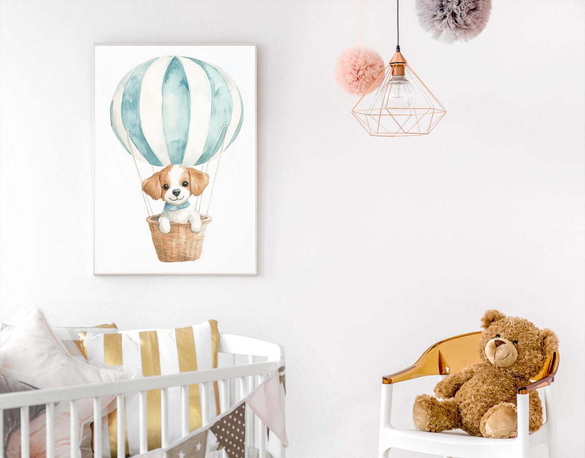 Cute Puppy Floating in Teal Hot Air Balloon Watercolor Nursery Poster - Image 3