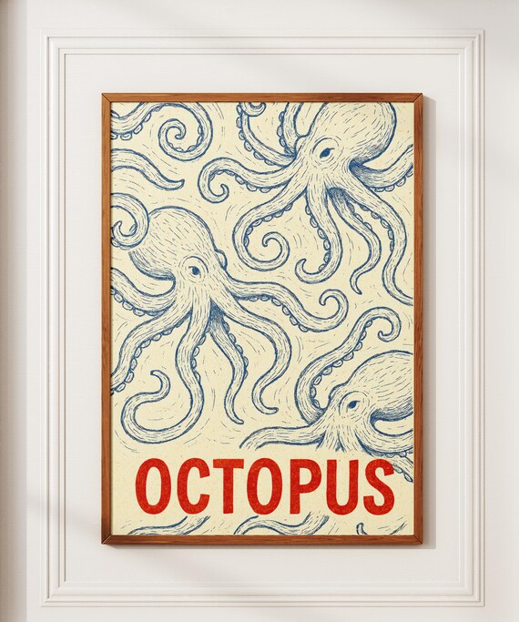 Octopus Print Tin Vintage Poster Retro Wall Art Fish Eclectic Colorful Kitchen Maximalist Fisher