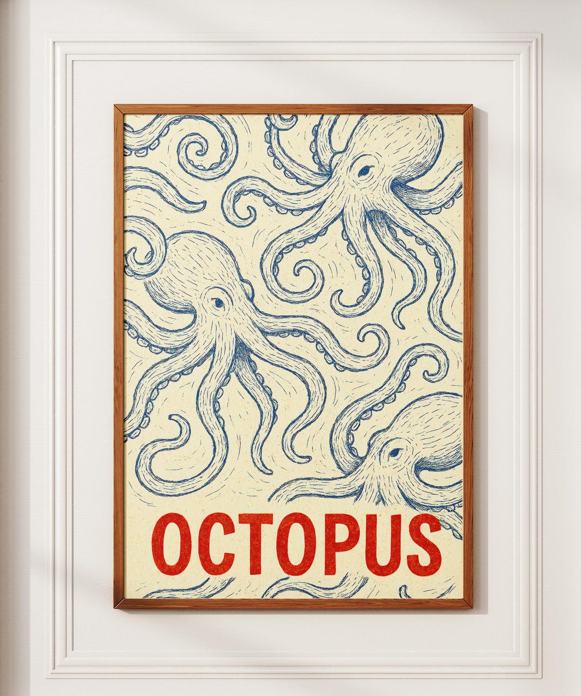 Octopus Line Drawing Red Lettering Vintage Nautical Kitchen Wall Art