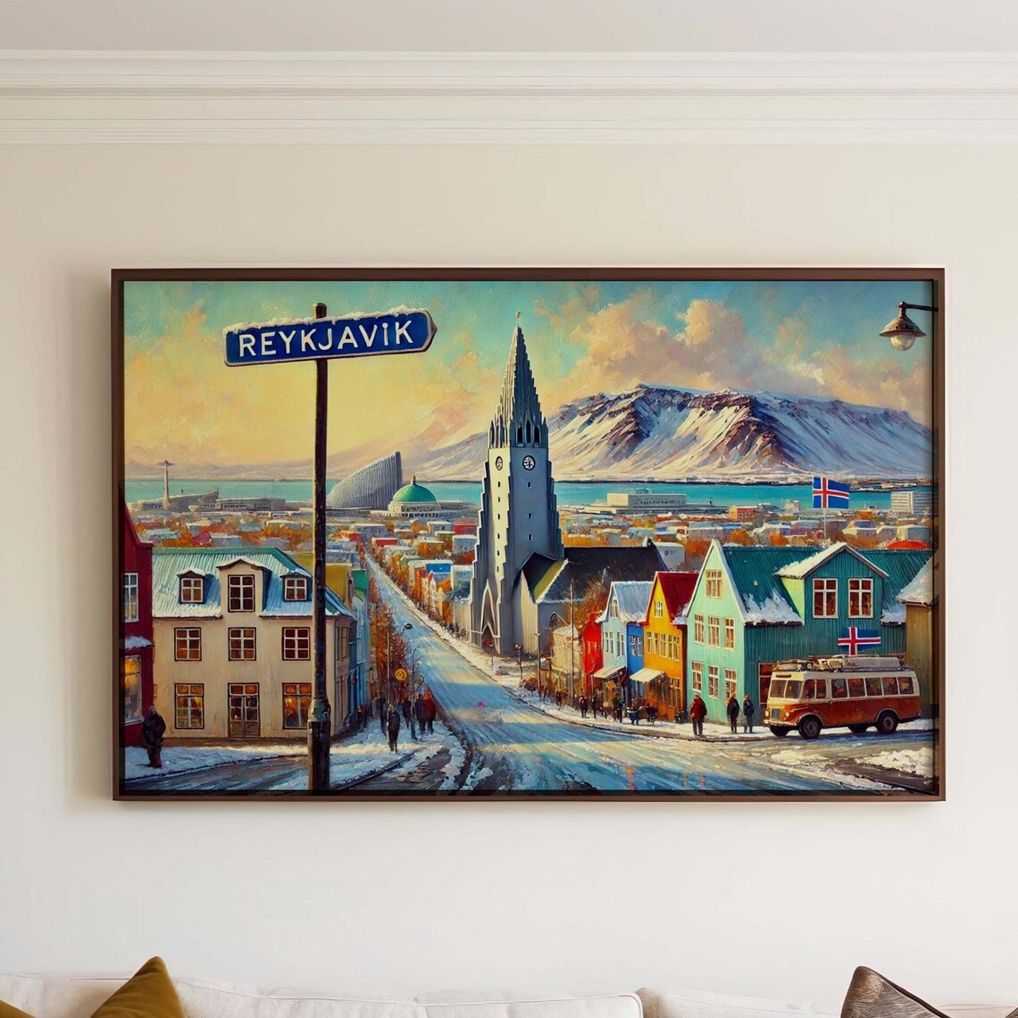 Reykjavik Iceland Snowy Winter Painting Hallgrimskirkja Street Poster