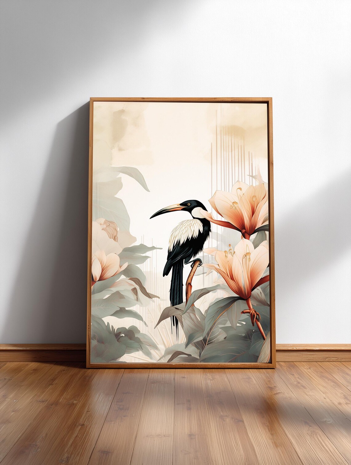 Japandi Bird and Florals Poster with Elegant Nature Artwork in Soft Tones