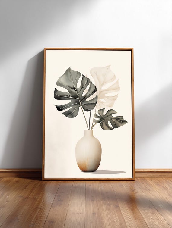 White Variegated Monstera Minimal Japandi Botanical Print Neutral