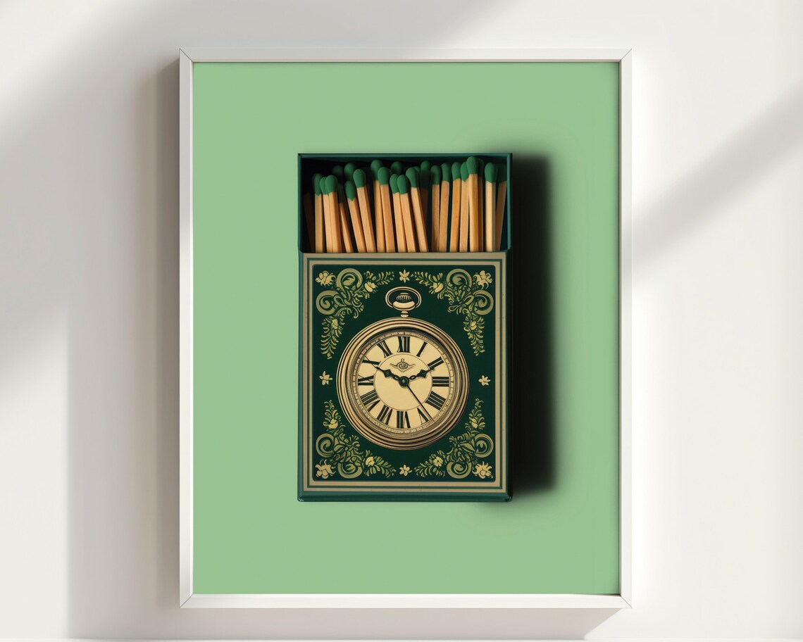 Vintage Pocket Watch Matchbox Retro Green Matchbook Art Poster - Image 2