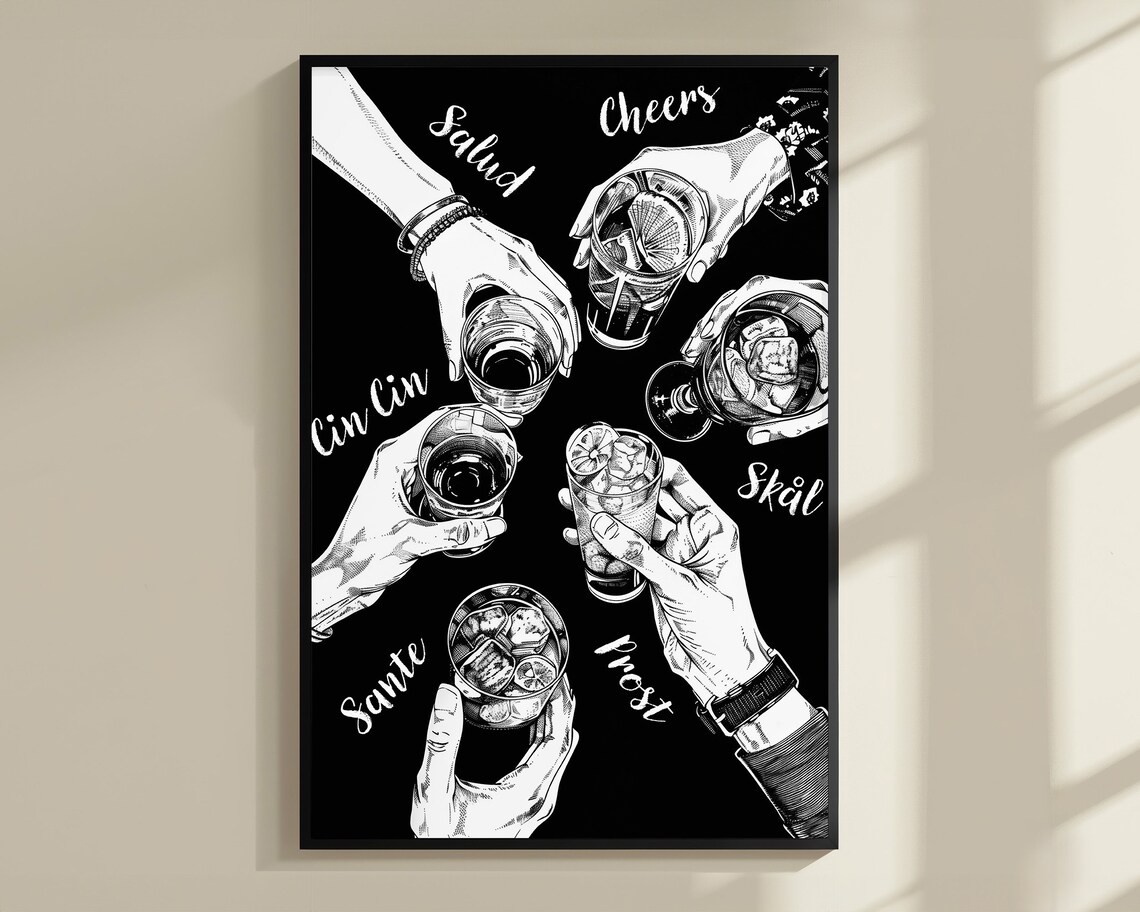 Cheers Hands Black Toast Salud Skol Prost Multilingual Bar Poster - Image 3