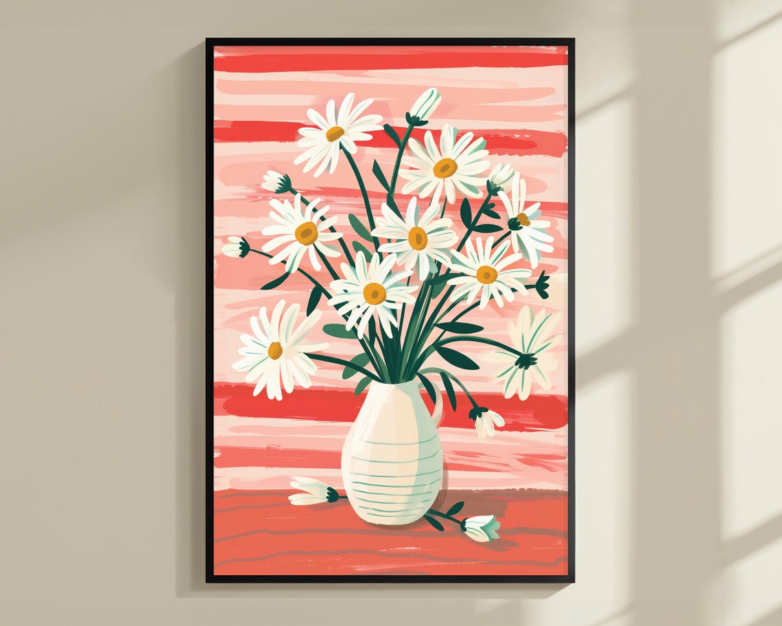 White Daisies in Vase Coral Brushstroke Botanical Floral Poster - Image 3