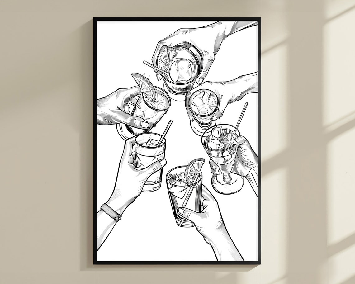 Cheers Cocktail Hands Black White Sketch Toast Celebration Poster - Image 3
