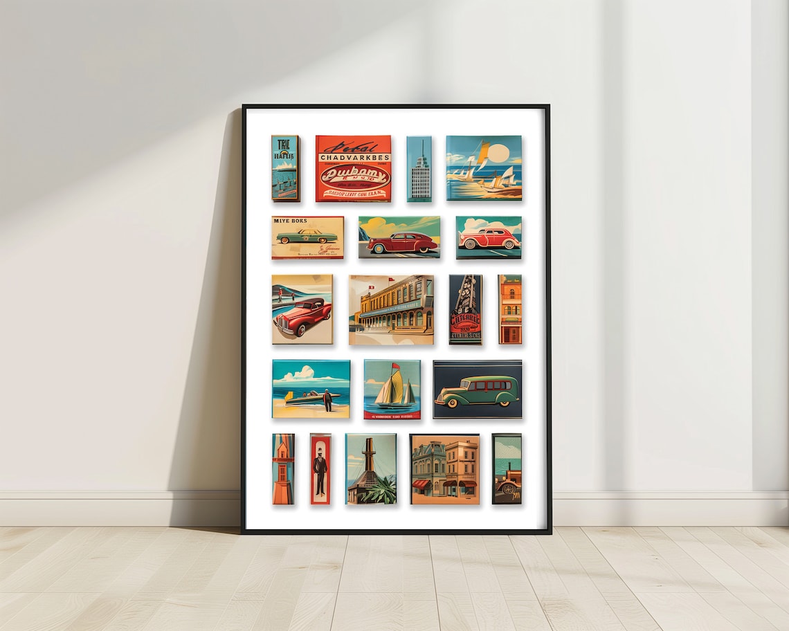 Vintage Matchbox Labels Classic Cars Retro Travel Collage Poster