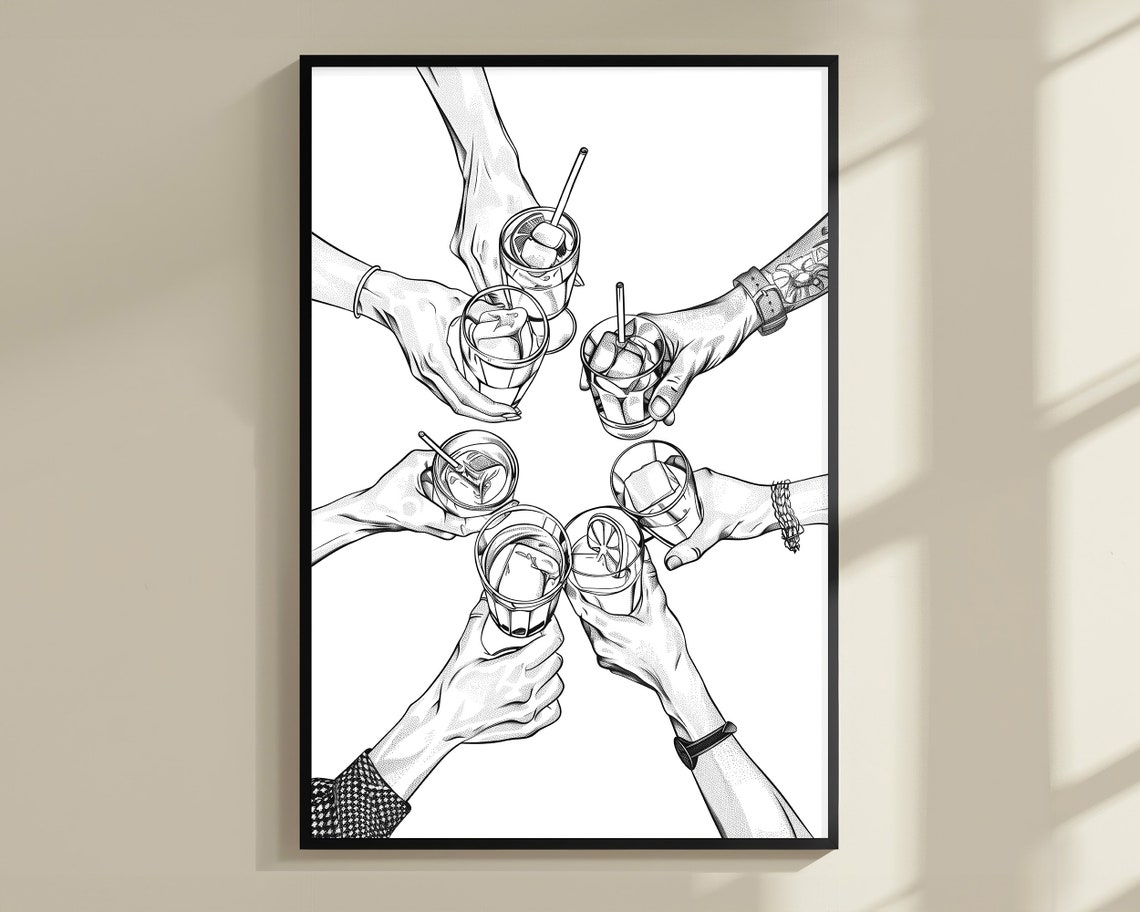 Cheers Hands Cocktail Toast Friends Celebration Sketch Poster - Image 3