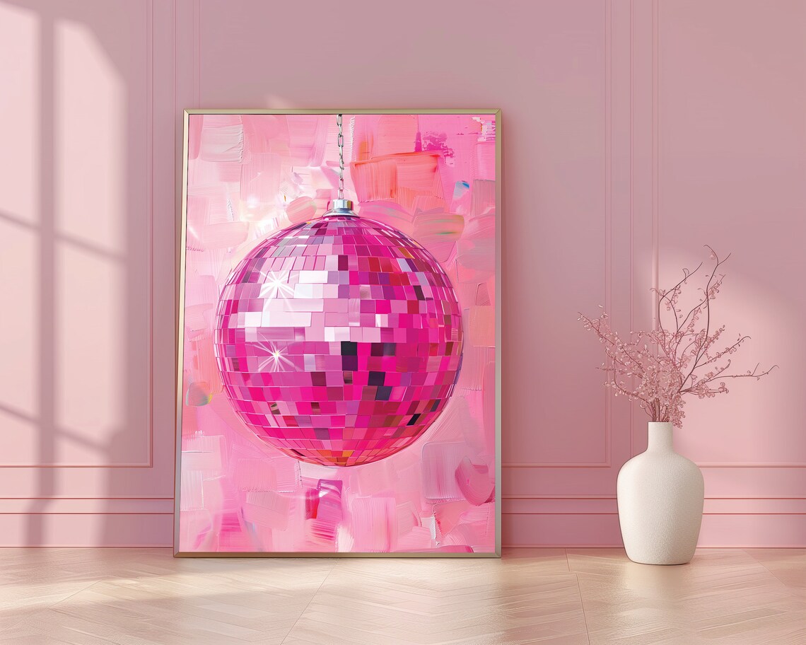Pink Disco Ball Poster, Vivid Oil Painting - Image 3