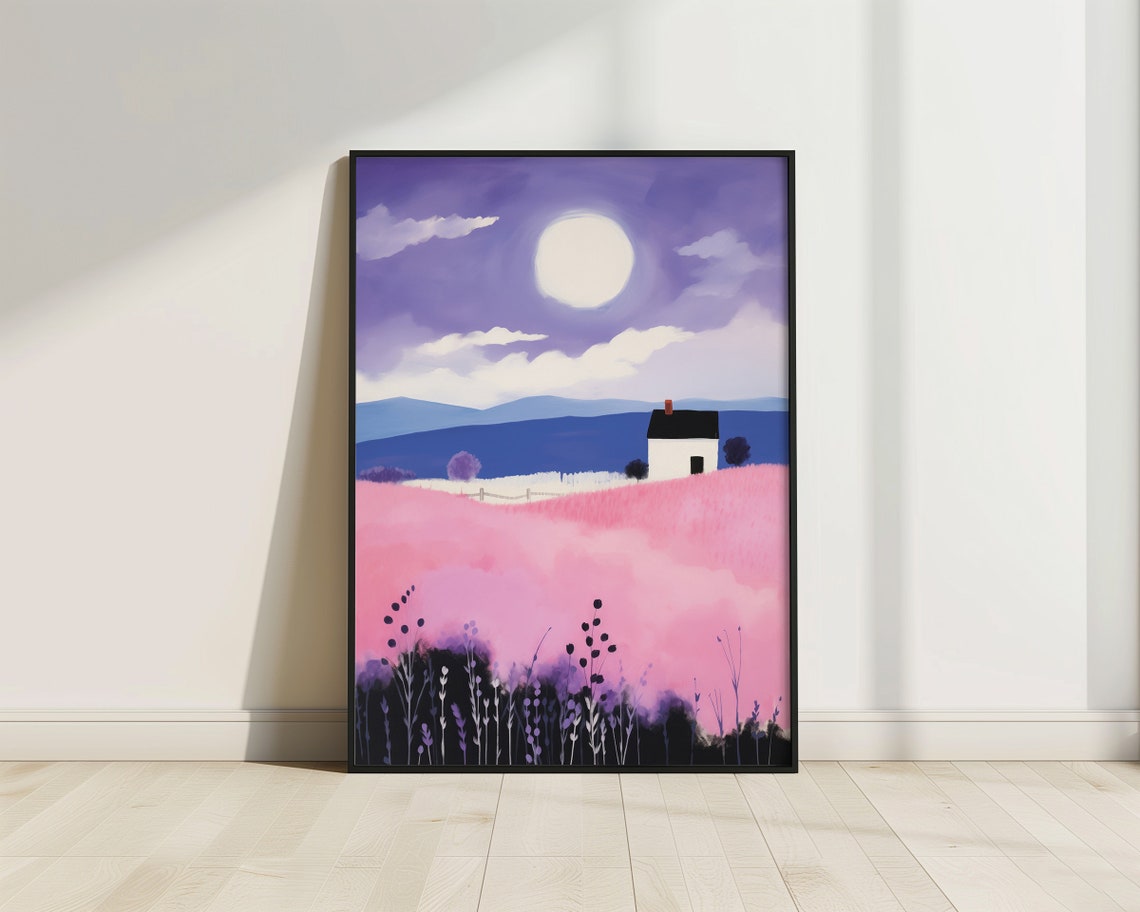 Pink Meadow White Cottage Moonlight Folk Art Landscape Print