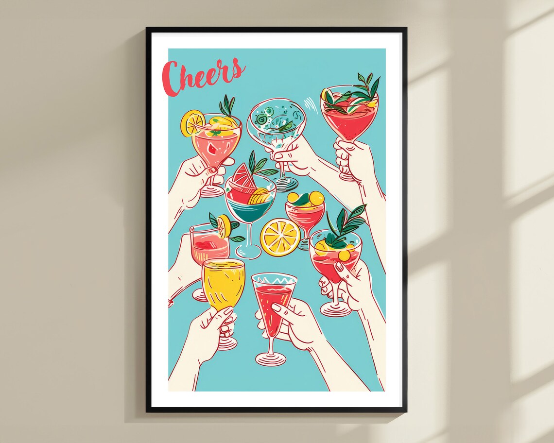 Cheers Cocktail Glasses Toast Retro Illustration Party Wall Art - Image 3