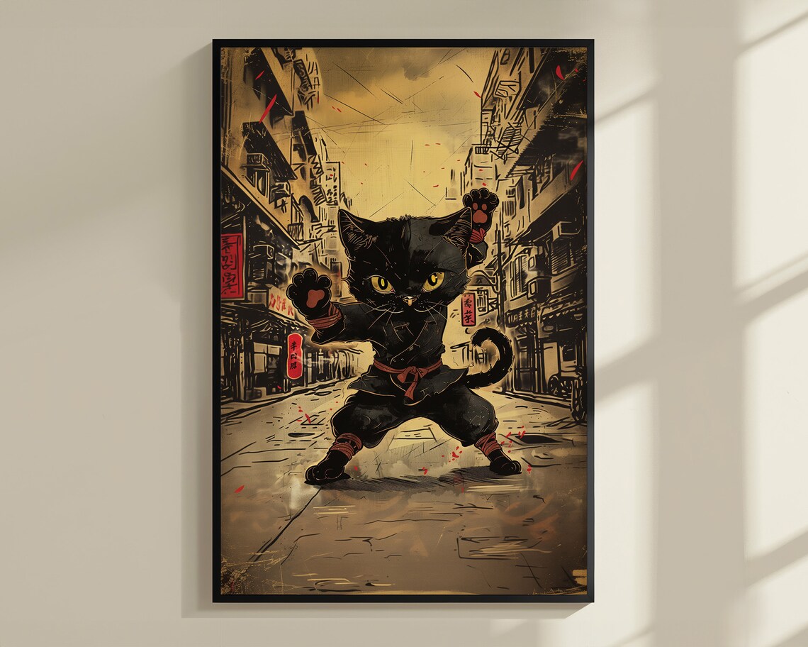 Ninja Black Cat Martial Arts Vintage Street Anime Warrior Feline Poster - Image 3
