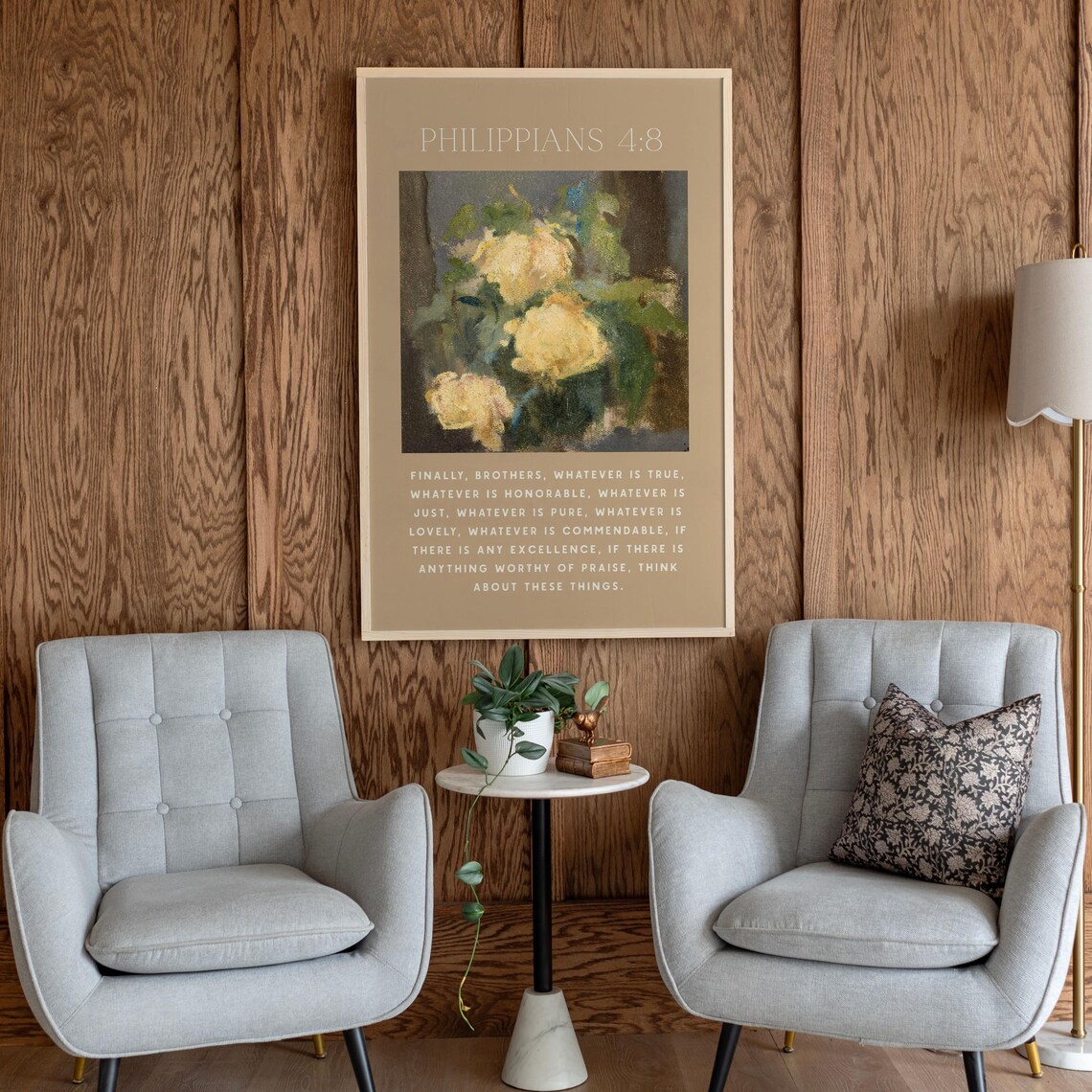 Philippians 4:8 Scripture Art Vintage Yellow Floral Painting Taupe Wall Decor Poster