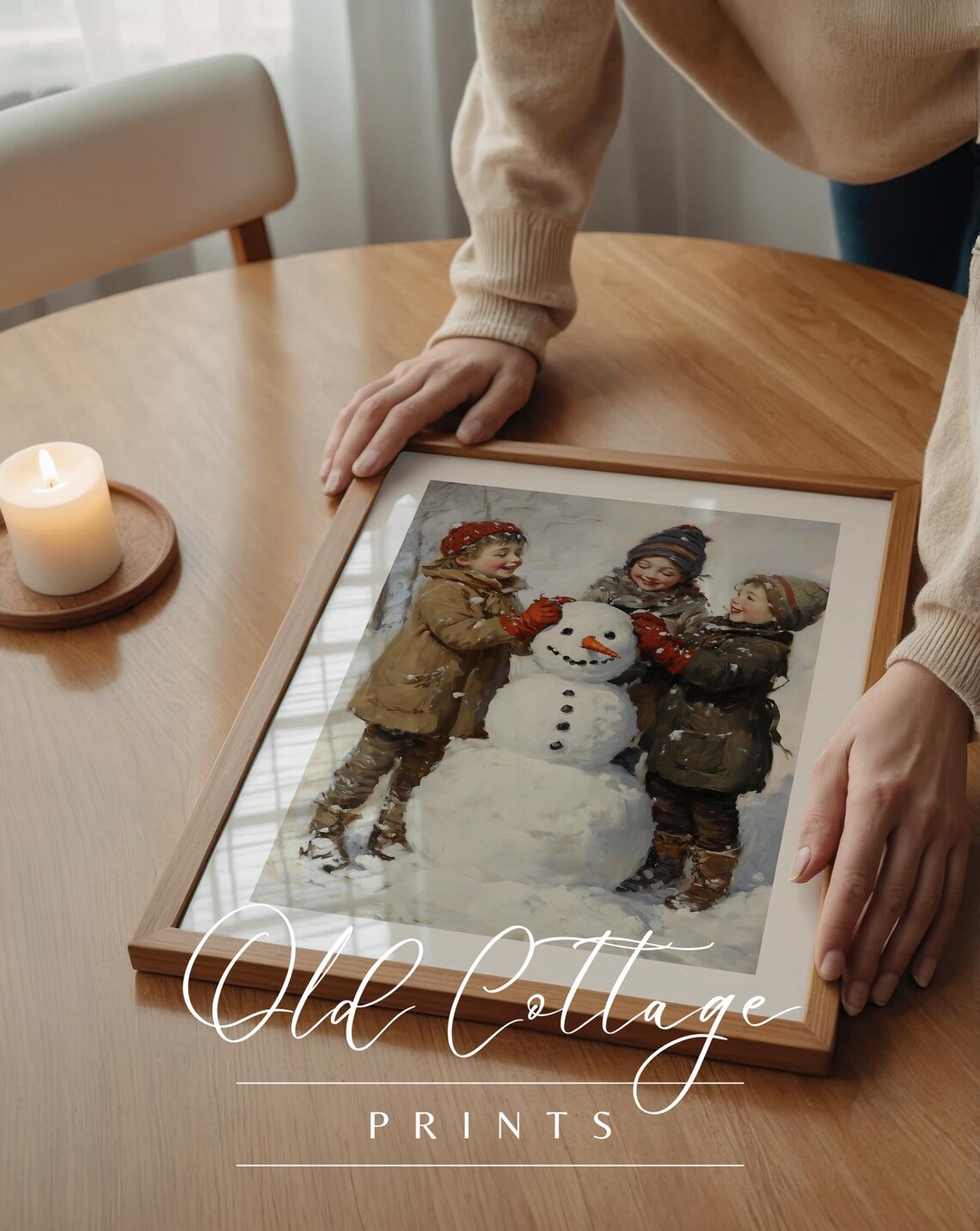 Children Building Snowman Together Winter Scene Vintage Painting Poster - Image 3