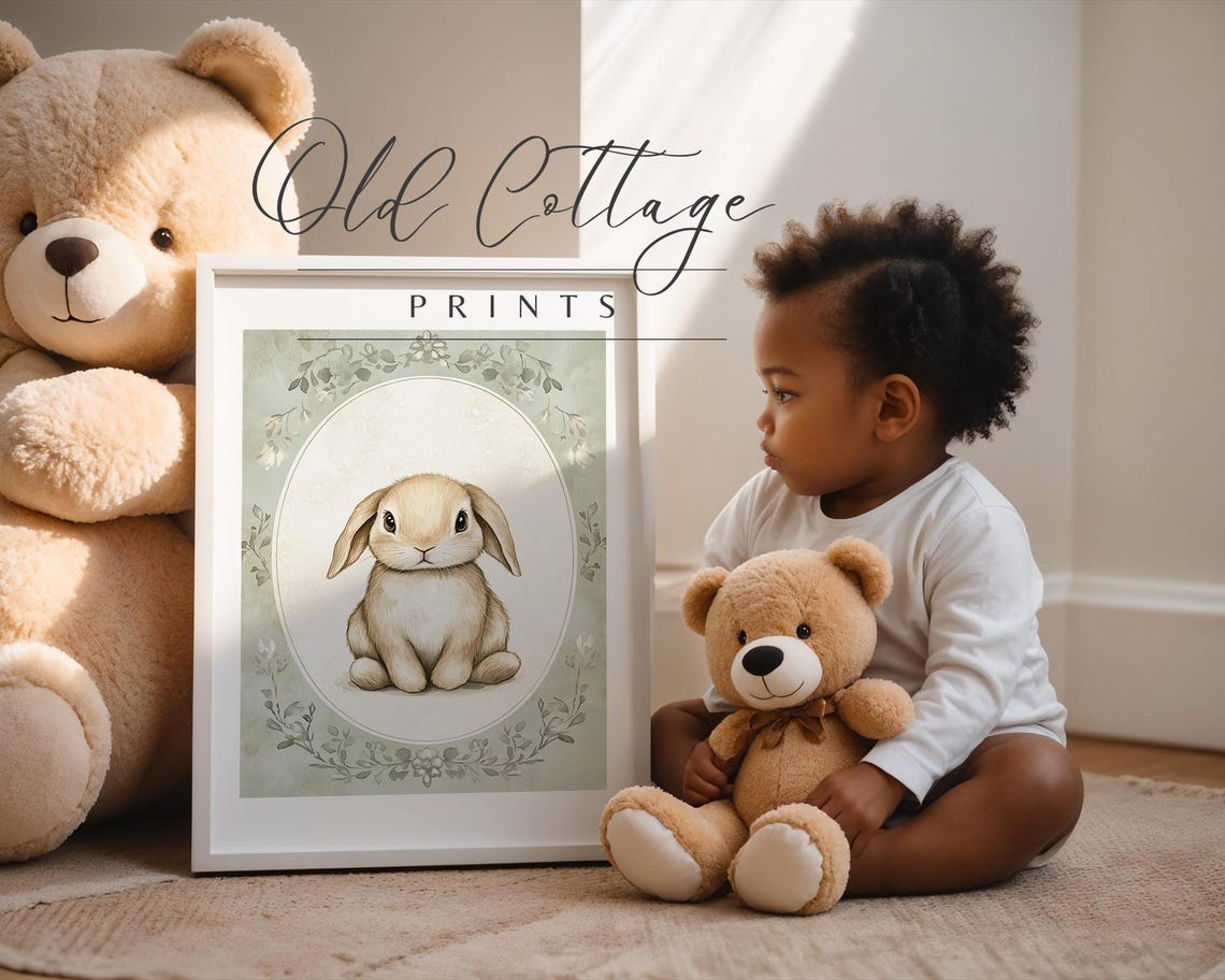 Fluffy Bunny In Oval Frame With Sage Green Nursery Border Poster - Image 2