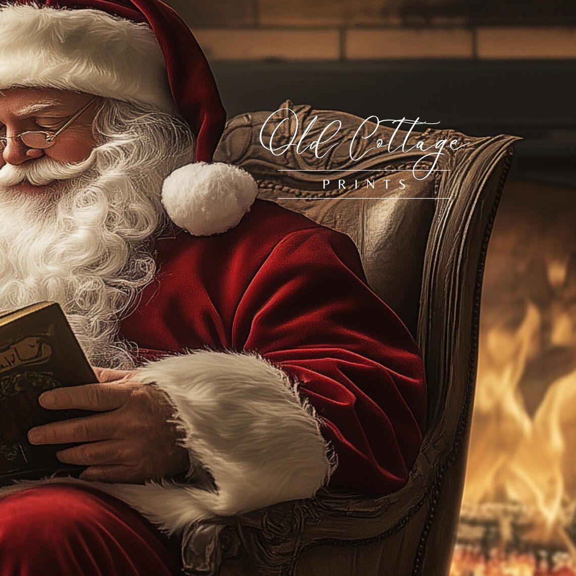 Vintage Santa Reading by the Fireplace Classic Christmas Art Poster - Image 2