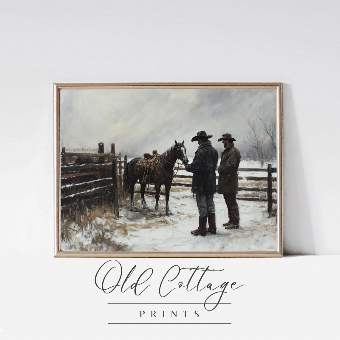 Rustic Winter Cowboys with Horse in Snowy Corral Western Poster