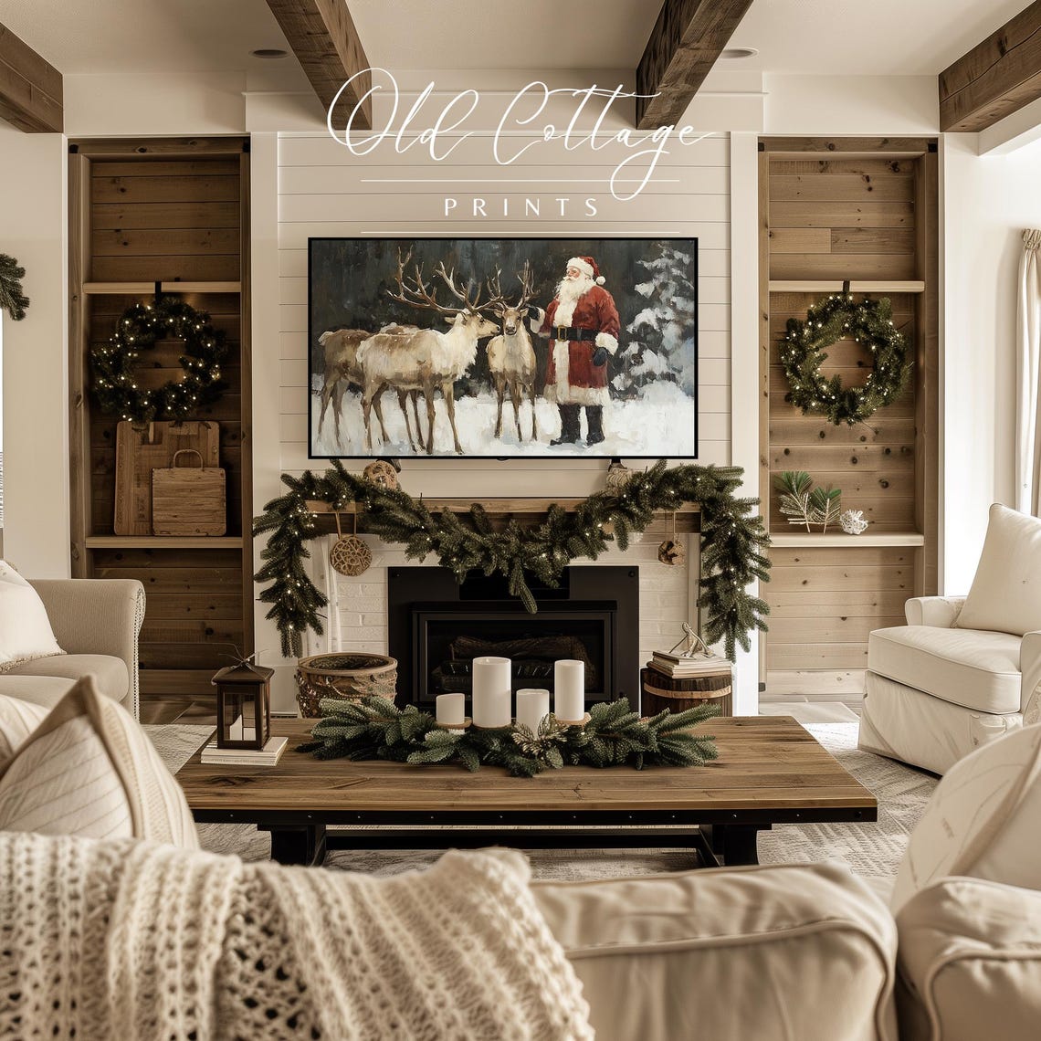 Jolly Santa Frame Tv Art Snowy Woods Art For Frame Tv Festive Reindeer Art Winter Vintage Art Frame Tv Holiday Vintage Santa Art - Image 2