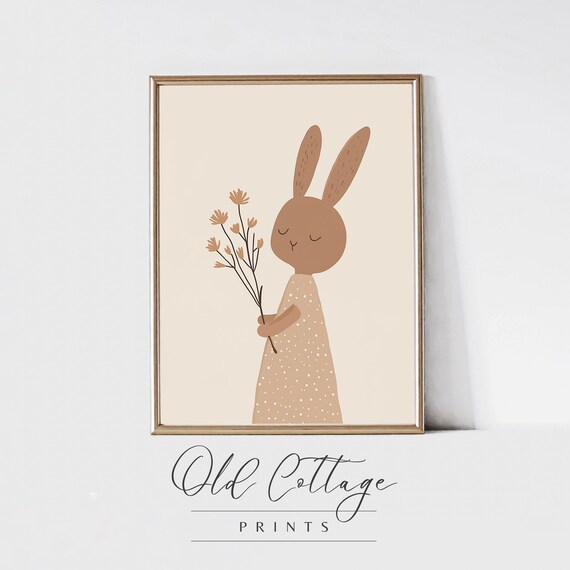 Adorable Bunny in Dress with Wildflowers Minimalist Nursery Poster