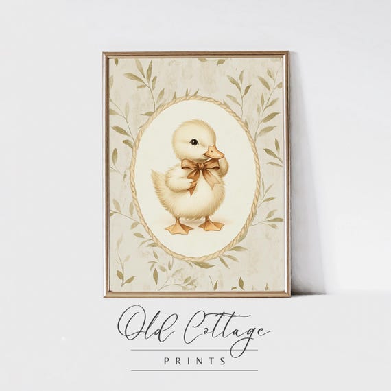 Vintage Duckling Nursery Print Oval Frame Floral Background Nursery Wall Art Baby Room Decor Cute Duck With Bow