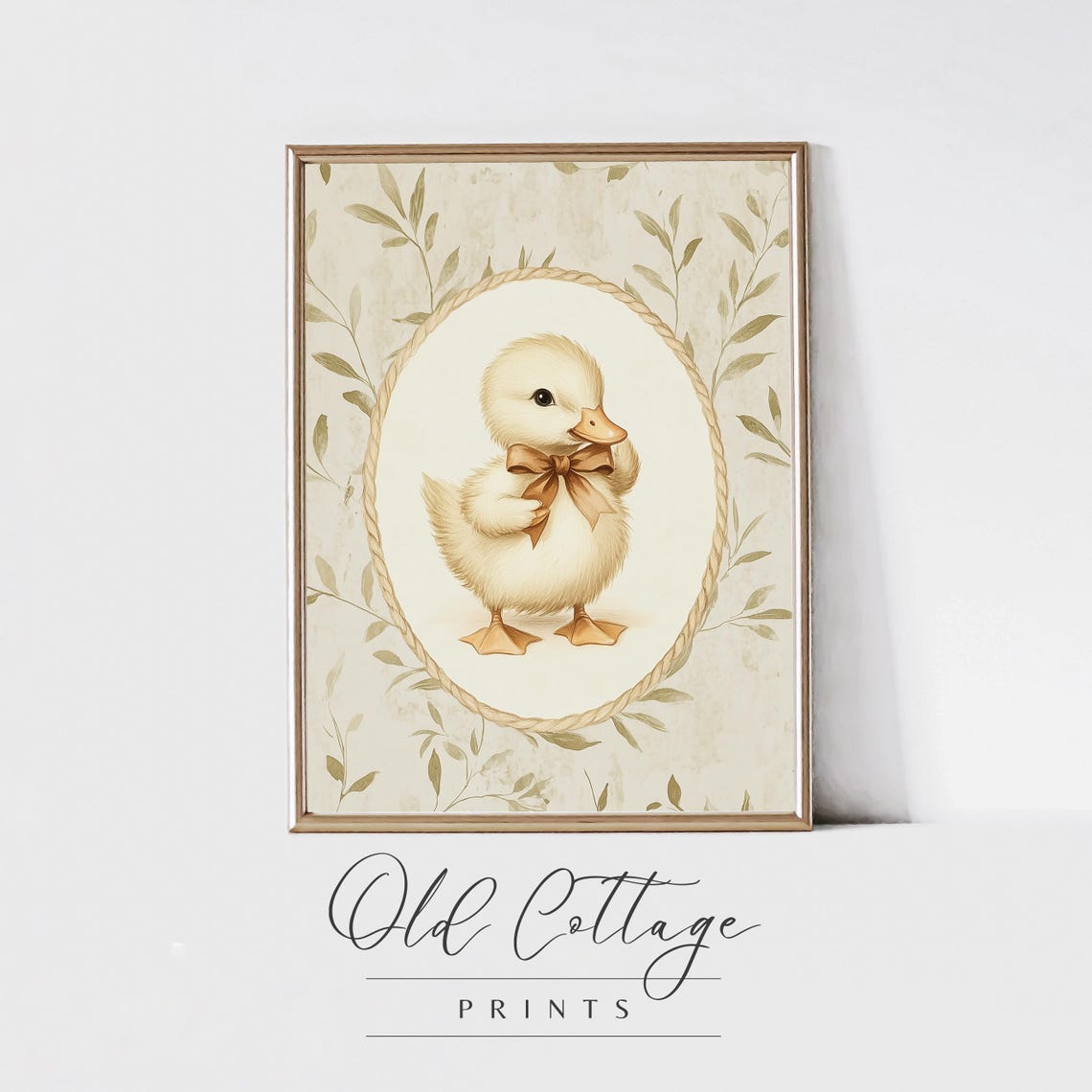 Vintage Duckling Nursery Print Oval Frame Floral Background Nursery Wall Art Baby Room Decor Cute Duck With Bow