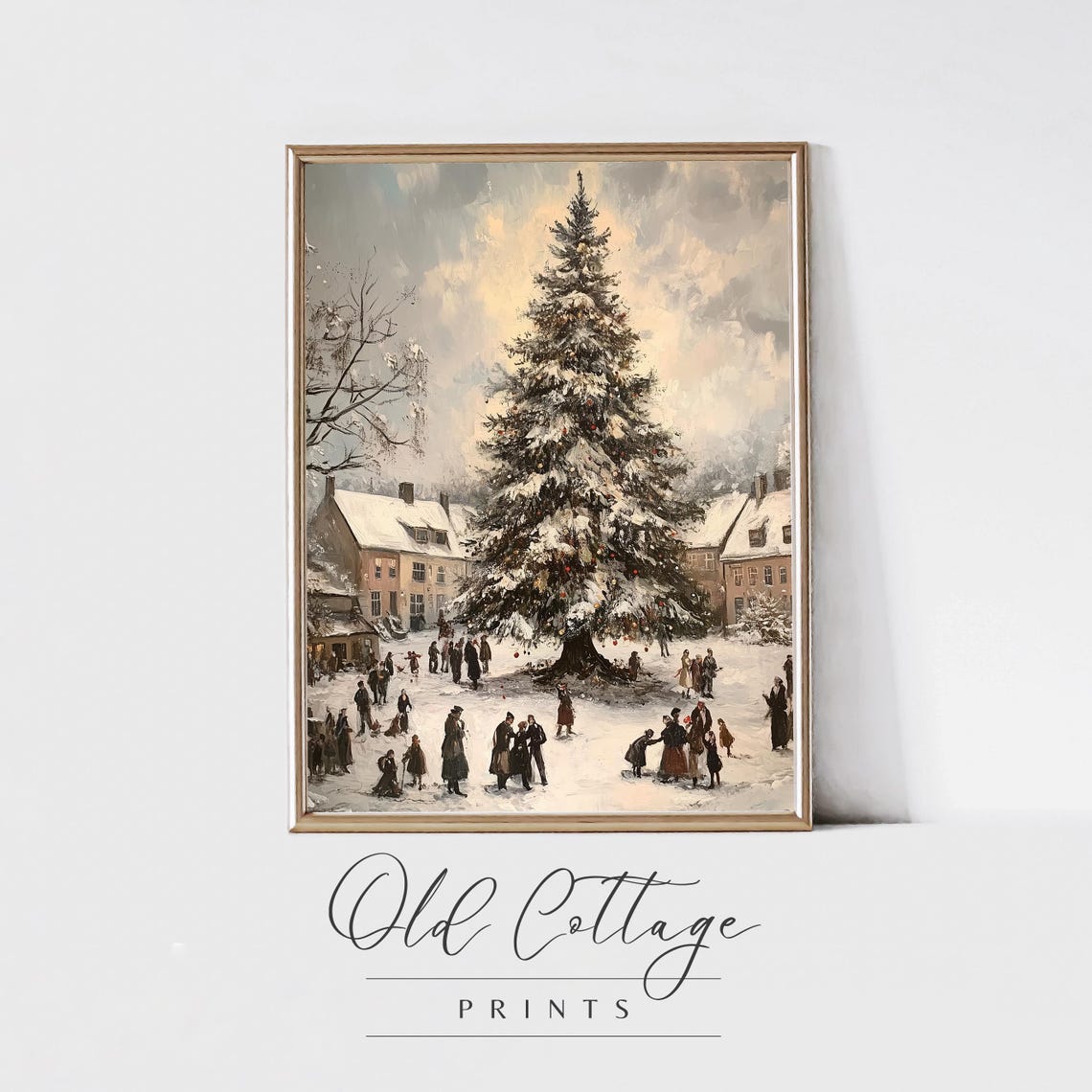 Snowy Village Christmas Tree Festive Vintage Holiday Scene Poster