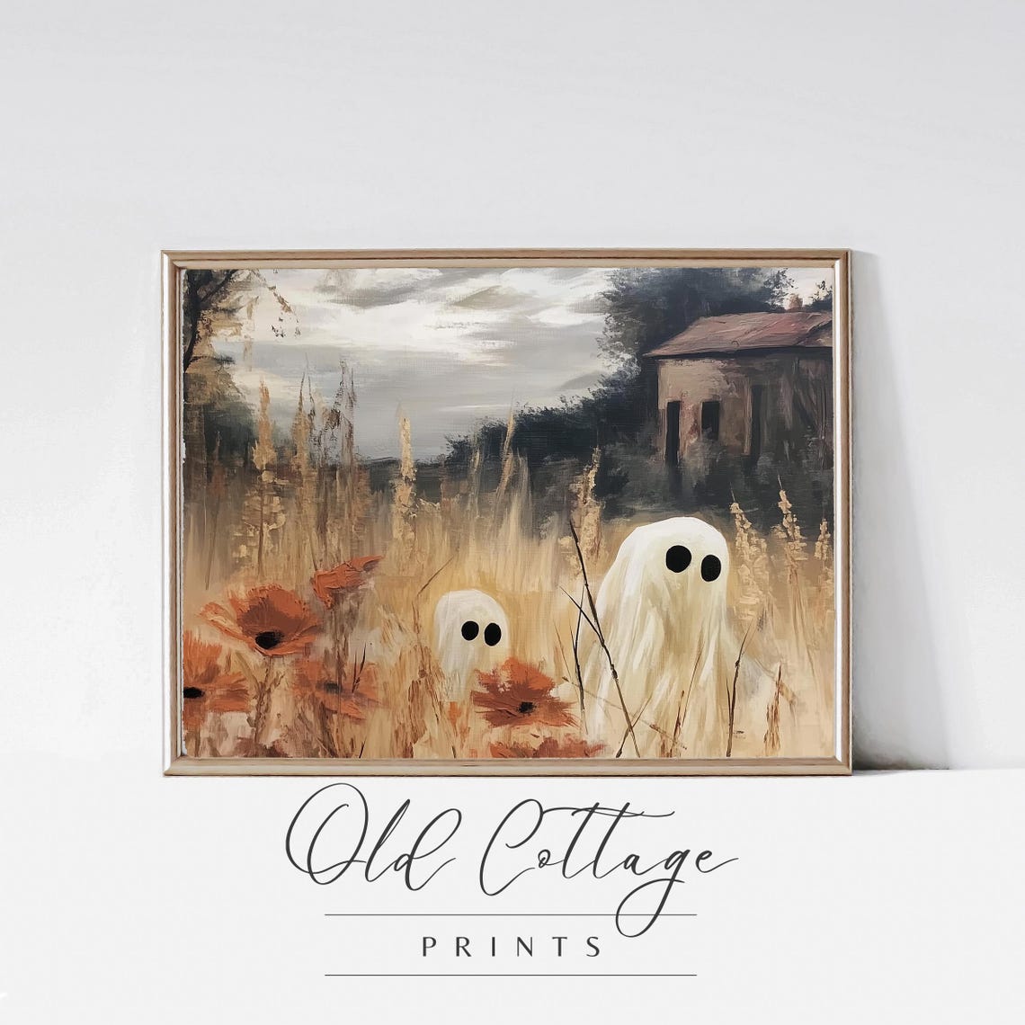Ghosts in Autumn Flower Field Cute Spooky Halloween Art Poster