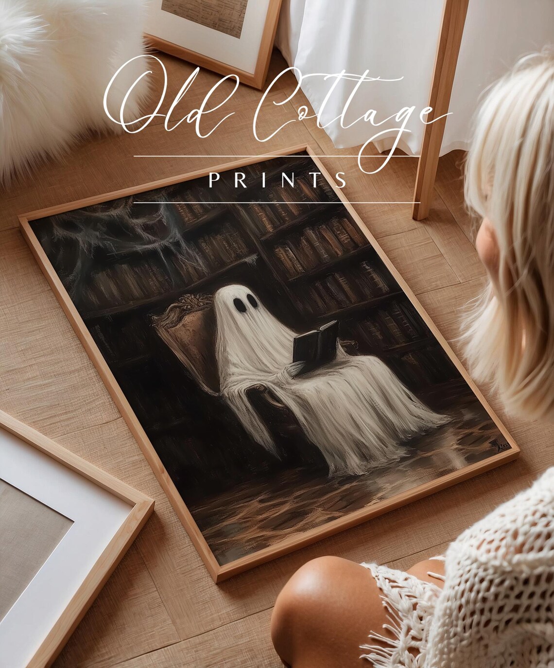 Ghostly Reader, Spooky Library Scene Art Print - Image 3