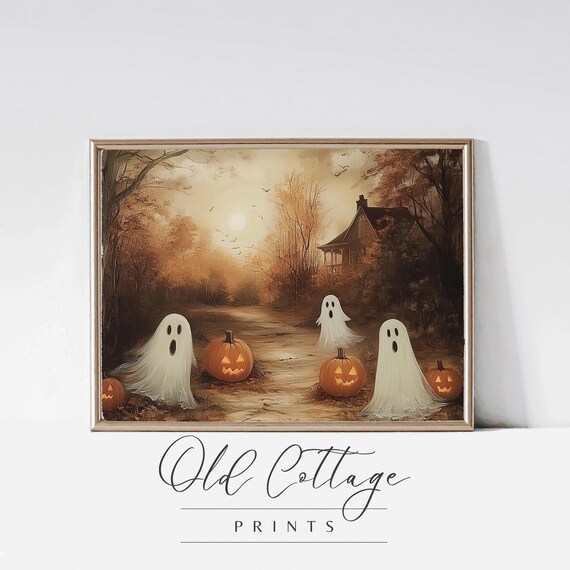Ghosts and Jack O Lanterns on Autumn Path Vintage Halloween Print
