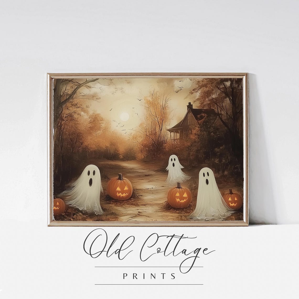 Ghosts and Jack O Lanterns on Autumn Path Vintage Halloween Print