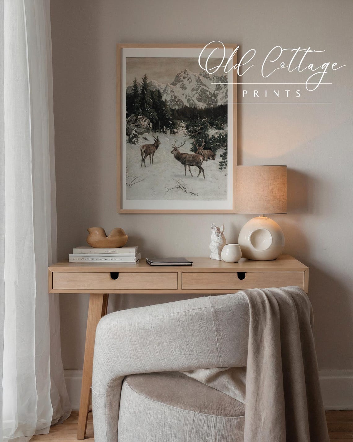 Deer in Snowy Mountain Valley Dramatic Vintage Wildlife Art Poster - Image 3
