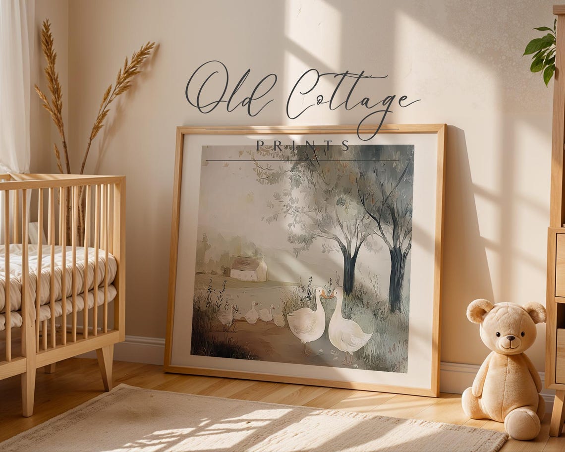 White Geese By The Pond Near An Old Barn Watercolor Scene Poster - Image 3