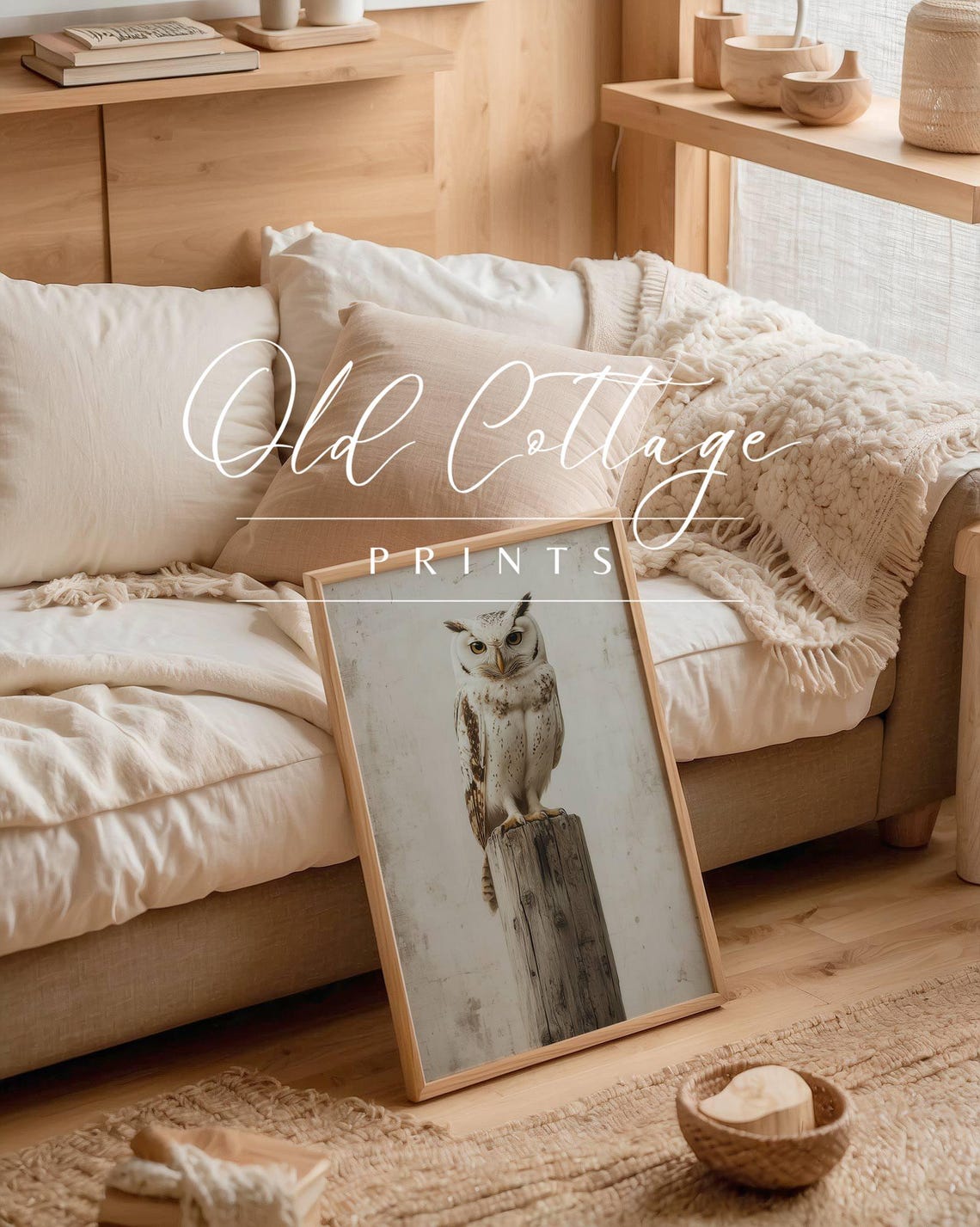 Speckled White Owl on Wooden Post Rustic Wildlife Decor Poster - Image 4