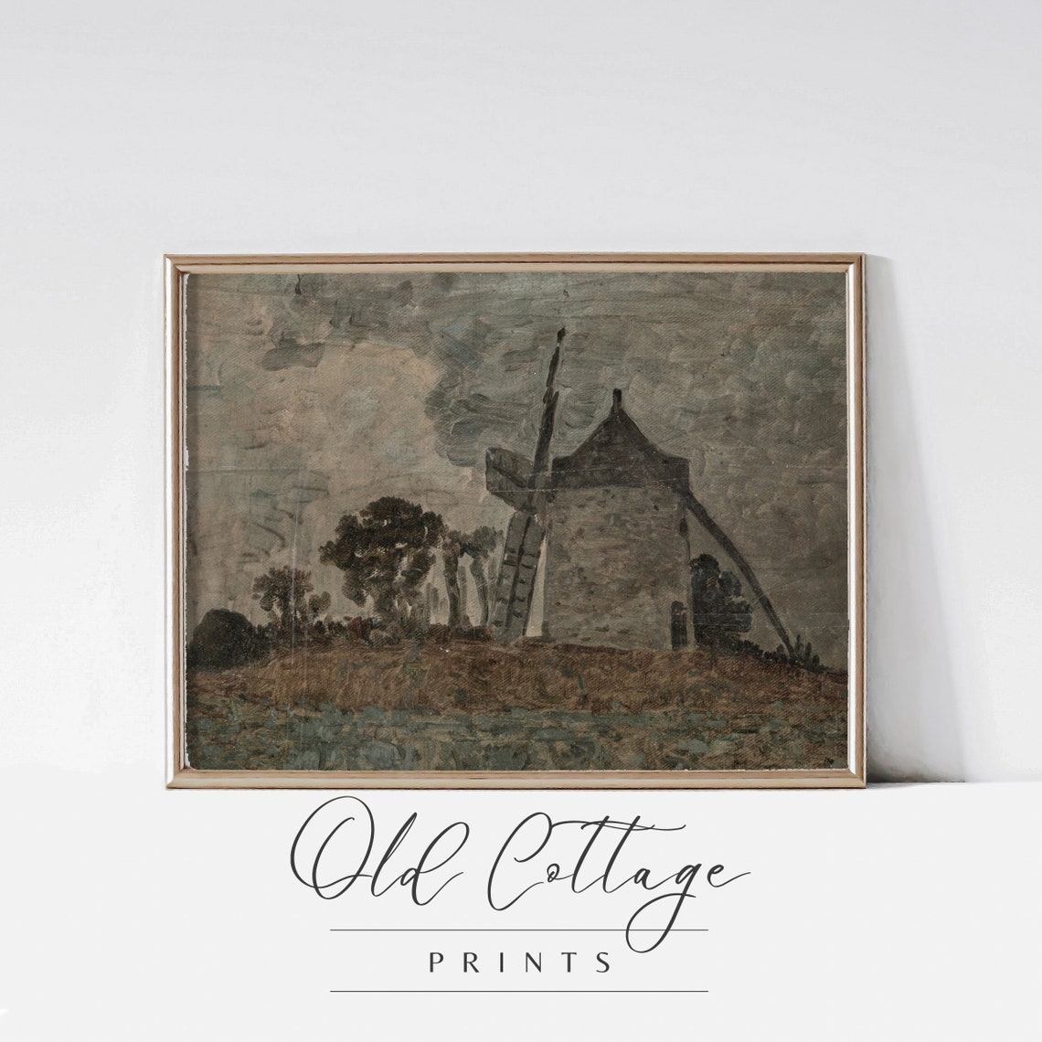 Windmill in Moody Countryside Dark Vintage Landscape Art Poster