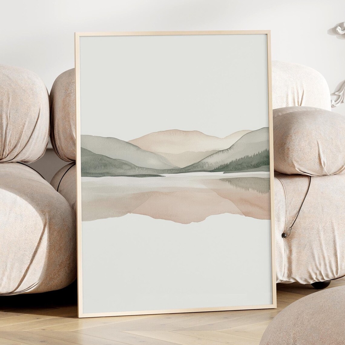 Neutral Watercolor Mountain Lake Reflection Minimalist Art Poster