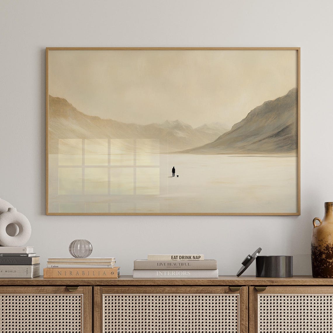 Minimalist Winter Landscape, Man And Dog Art Print