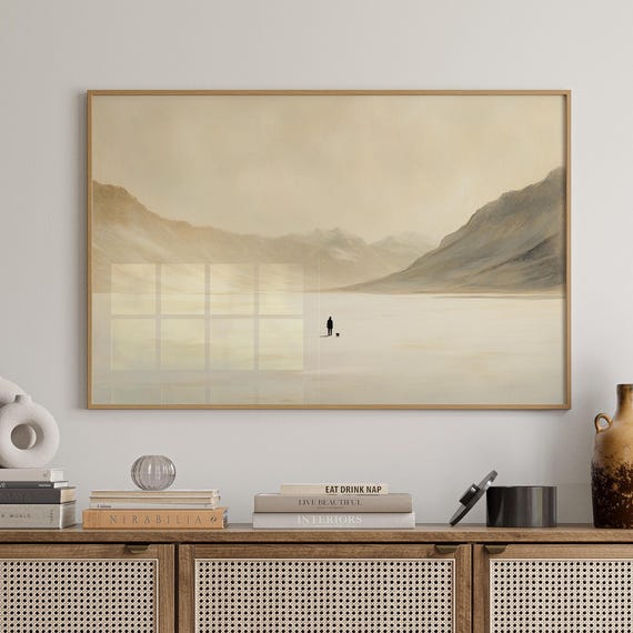 Minimalist Winter Landscape, Man And Dog Art Print