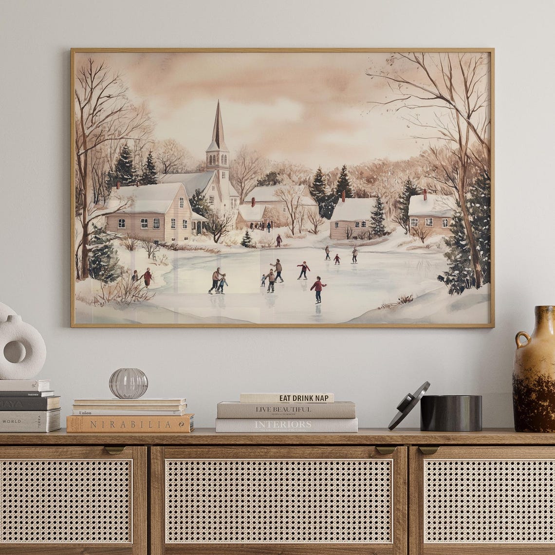 Vintage Winter Village Ice Skating Scene Canvas Wall Art Charming Holiday Painting With Church Snowy Houses And Families