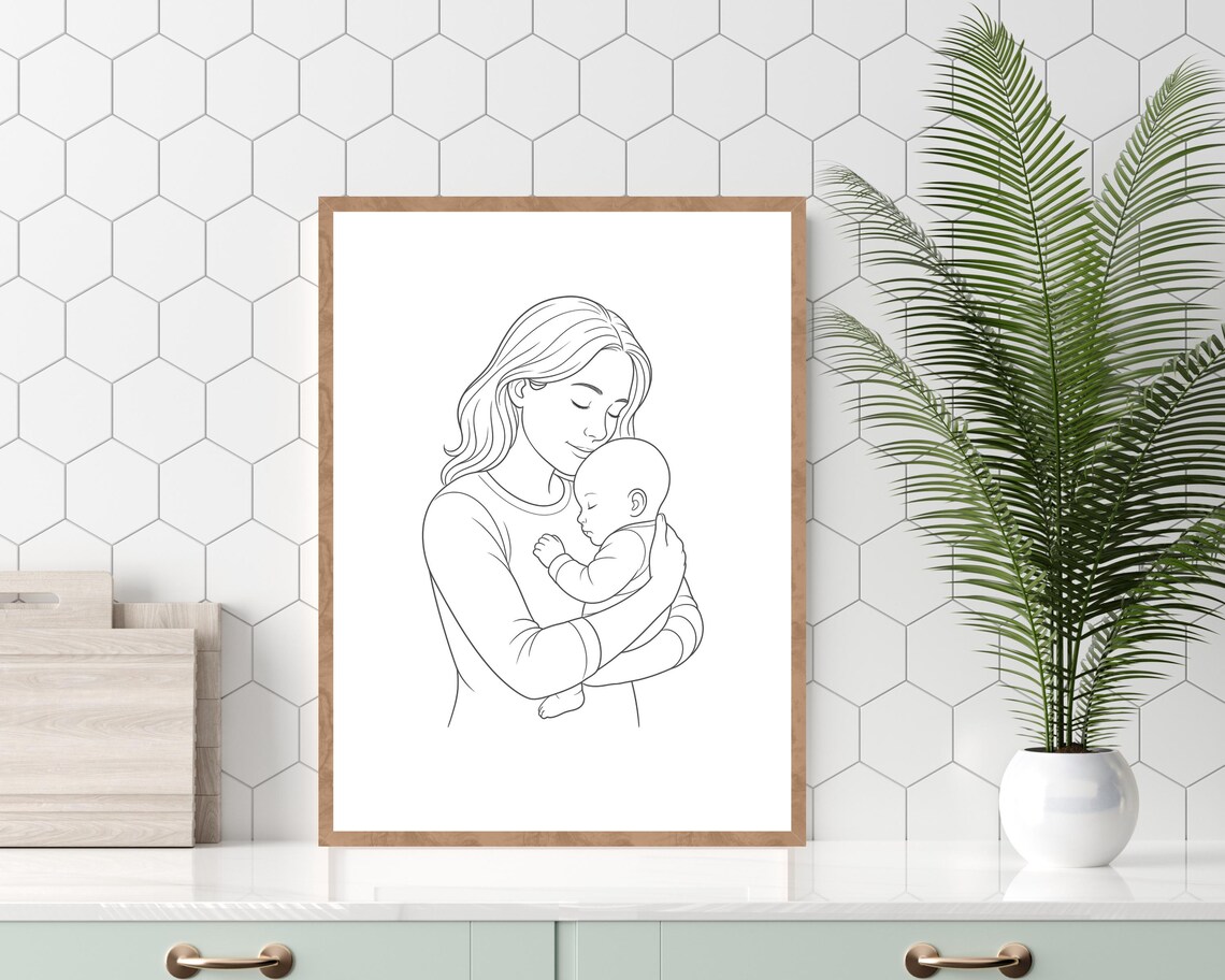 Mother's Day Minimalist Line Art, Mom Holding Baby - Image 2
