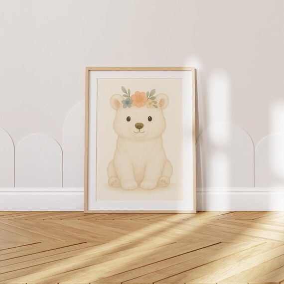 Baby Polar Bear With Floral Crown Sweet Arctic Nursery Kids Room Poster