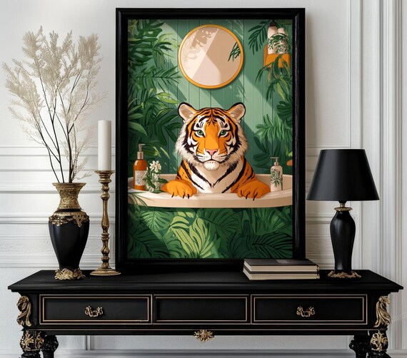 Funny Bathroom Tiger Poster Animal On Toilet Wall Art Gag Gift For Guest Quirky Decor White Elephant 19
