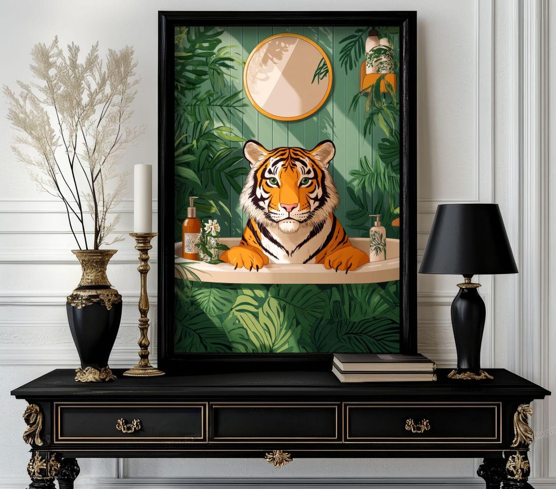 Tiger in Bathtub with Round Mirror Tropical Bathroom Funny Poster
