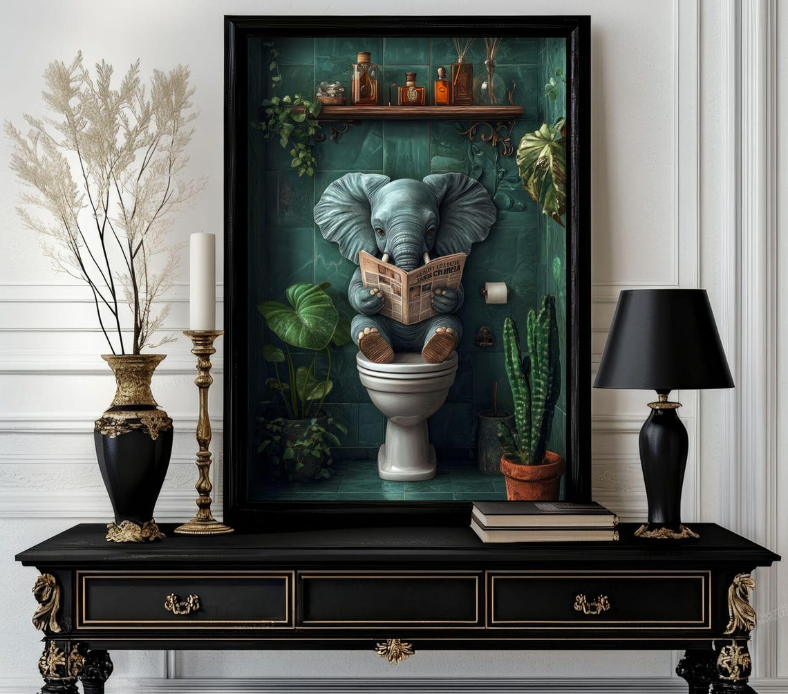 Elephant on Toilet Reading Newspaper Funny Bathroom Art Poster
