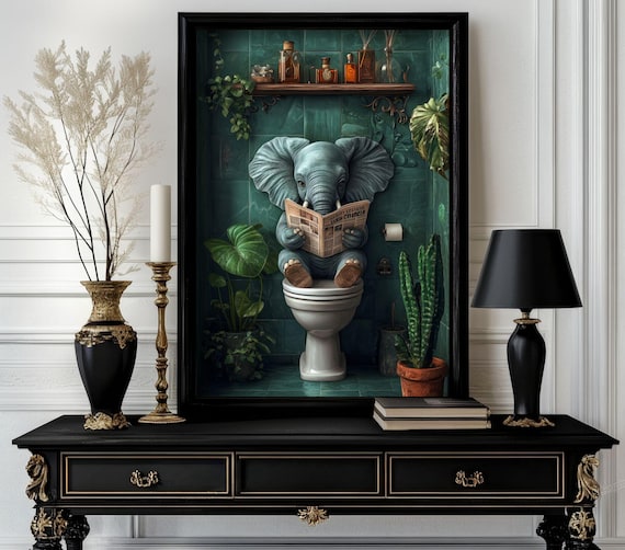 Funny Bathroom Elephant Poster Animal On Toilet Wall Art Gag Gift For Guest Quirky Decor White 225