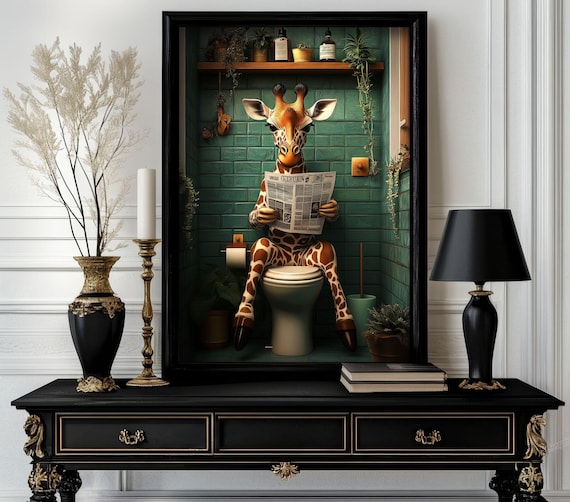Funny Bathroom Giraffe Poster Animal On Toilet Wall Art Gag Gift For Guest Quirky Decor White Elephant 83