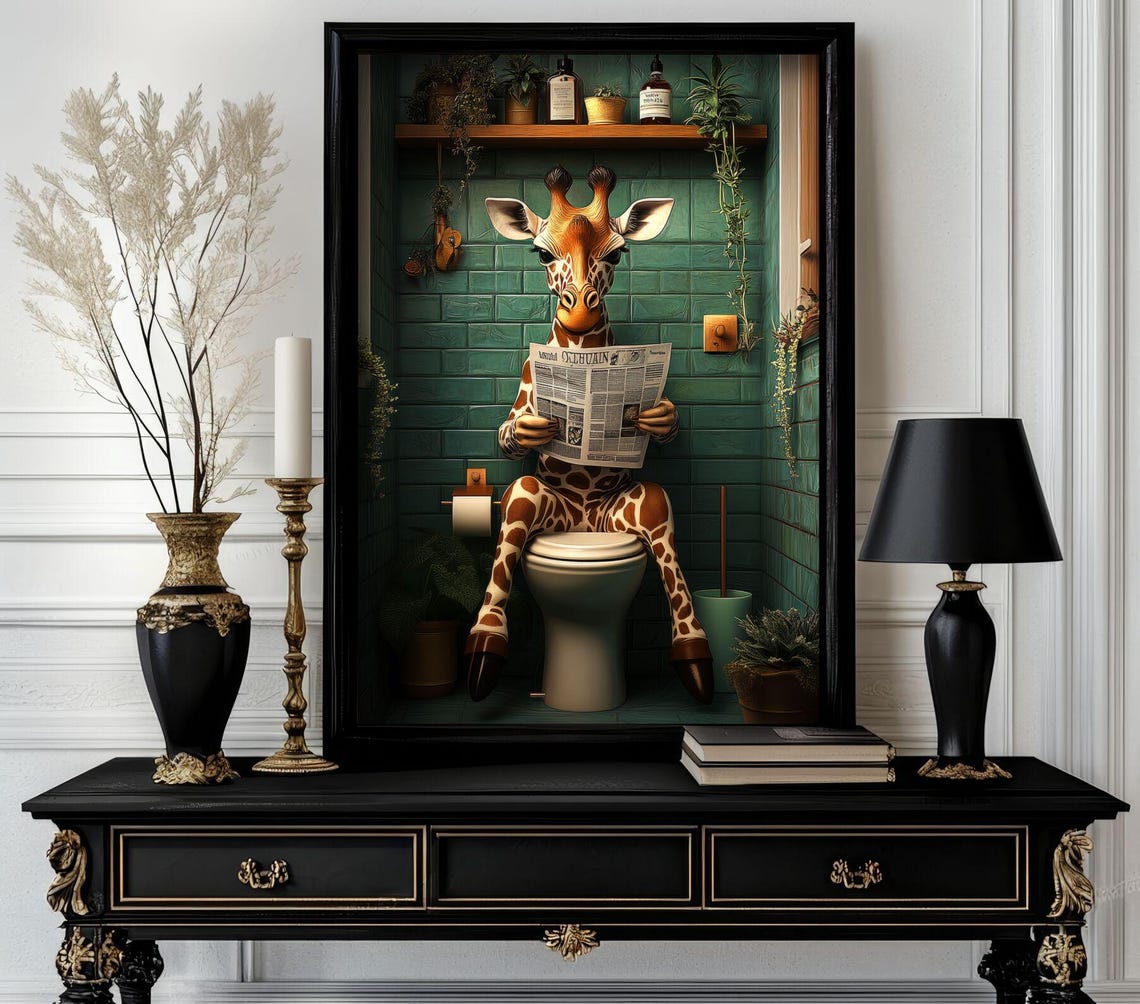 Giraffe Reading Newspaper on Toilet Funny Quirky Bathroom Art Print